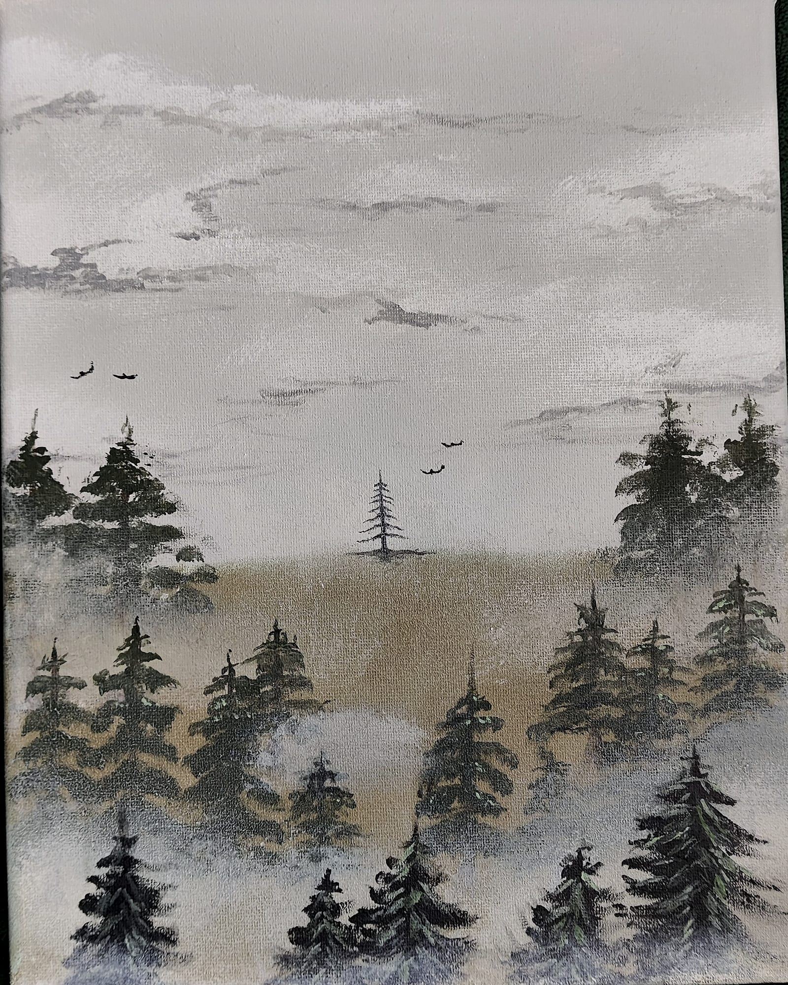 Obraz "Las we mgle" - Akryl na płótnie, 25 x 30 cm